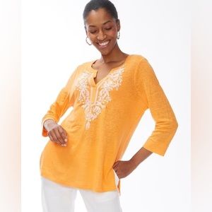 NWT Chico’s Soft Linen Embroidered Tunic in Mango Ice Size M